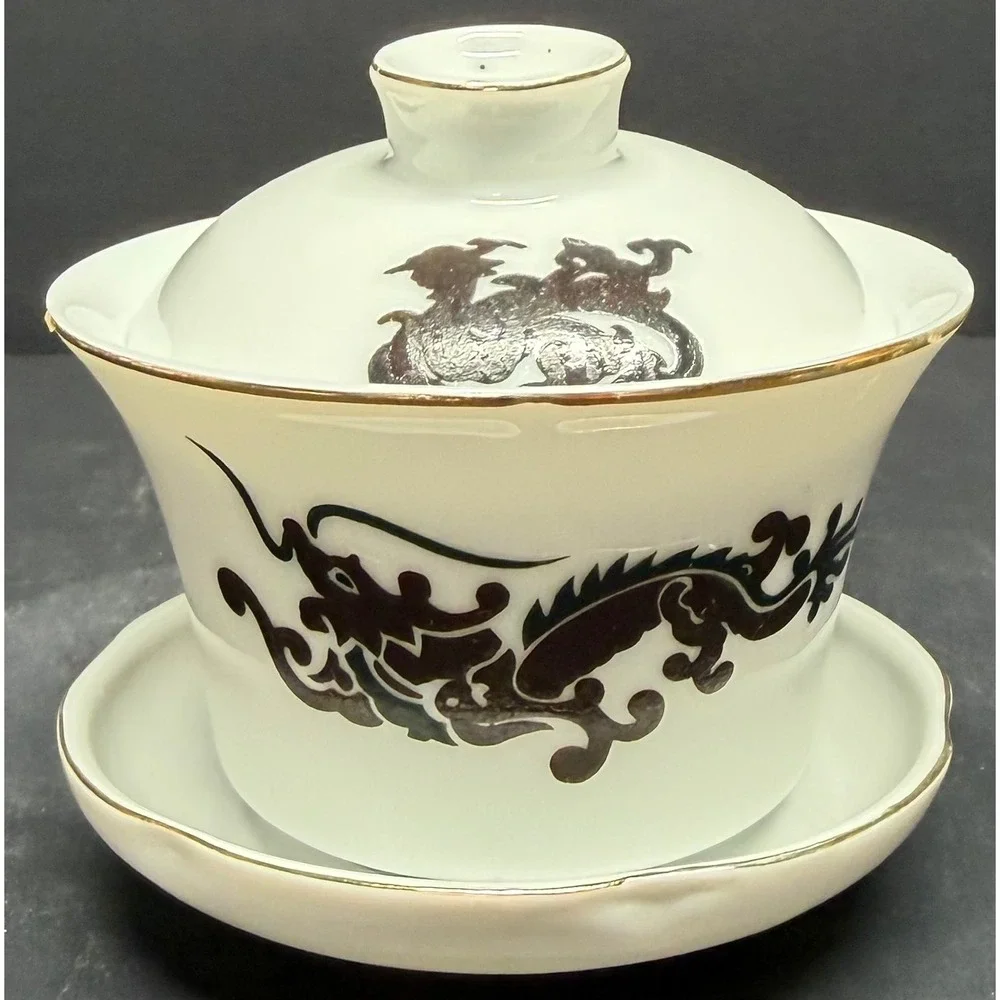 Vintage Chinese Porcelain Gaiwan Tea Set White Gold Rim‎ Dragon Calligraphy 3pc